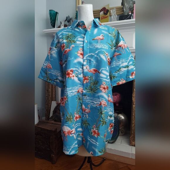 NWT SSLR Mens Hawaiian Tropical Button Down Shirt  Flamingo Palm Size L - Picture 1 of 10